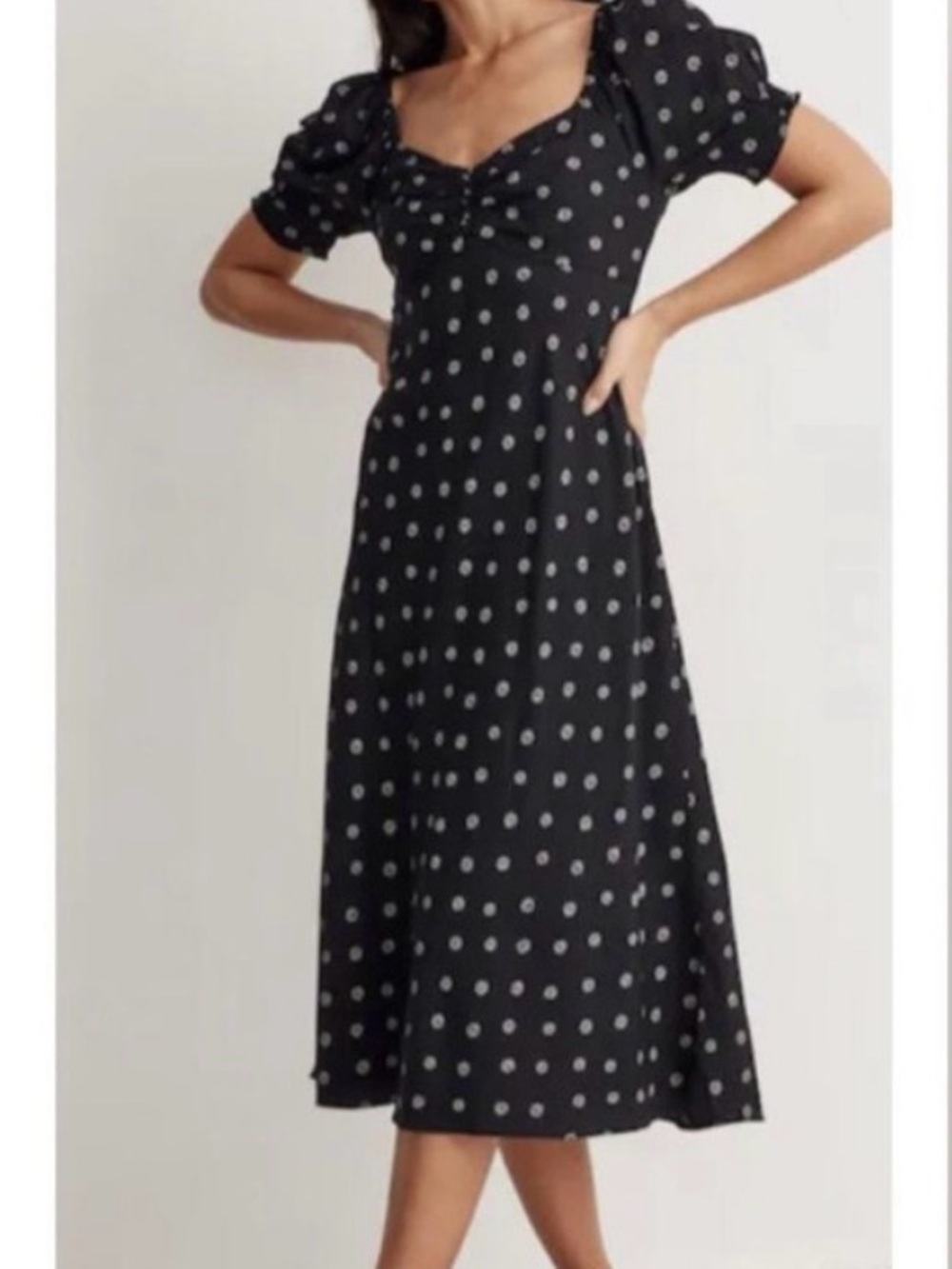 Madewell Black Polka Dot Puff-Sleeve Midi Dress